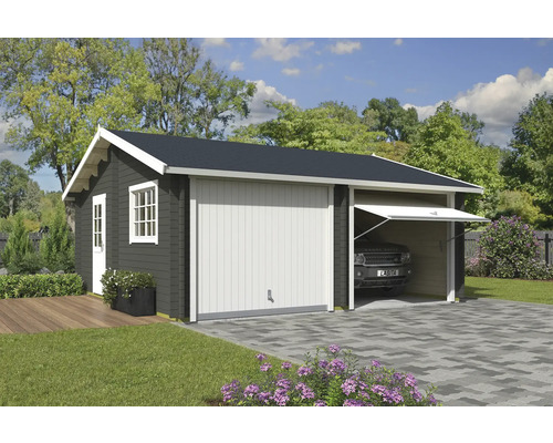 Garage double Outdoor Life Falkland avec portes battantes 635 x 628,6 cm gris-vert Garage spacieuse avec porte d'entrée latérale et porte sectionnelle
