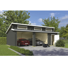 Garage double en bois avec deux voitures et une tondeuse à gazon