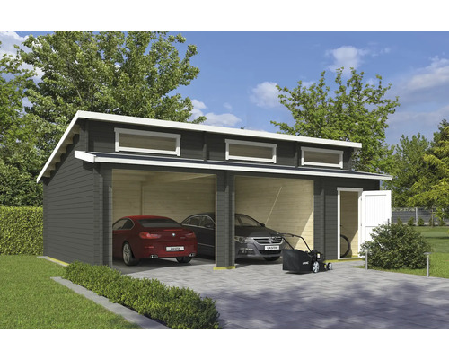 Garage double Outdoor Life Hawaii 820 x 579,6 cm gris-vert Garage double en bois avec deux voitures et une tondeuse à gazon