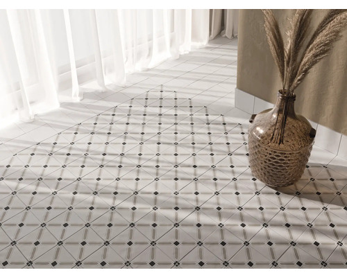 Pièce lumineuse avec carrelage à motifs et vase décoratif