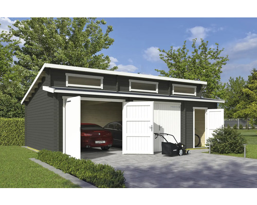 Garage double Outdoor Life Hawaii avec portes en bois 820 x 579,6 cm gris-vert Abri de jardin spacieux avec deux portes de garage, voiture et tondeuse à gazon sur l'allée pavée
