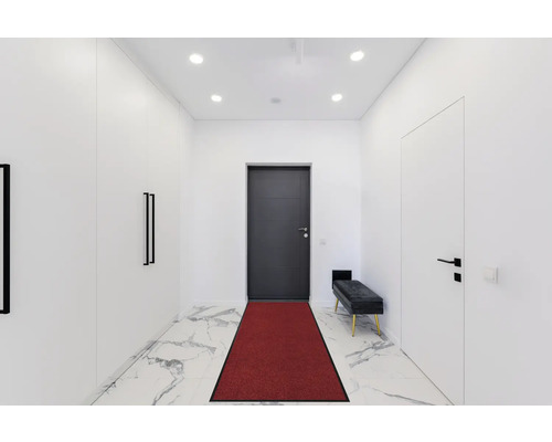 Flur mit Garderobe, Tür und roter Fußmatte
