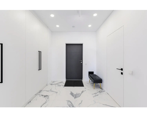 Heller Flur mit grauer Tür, weissem Schrank und Marmorboden
