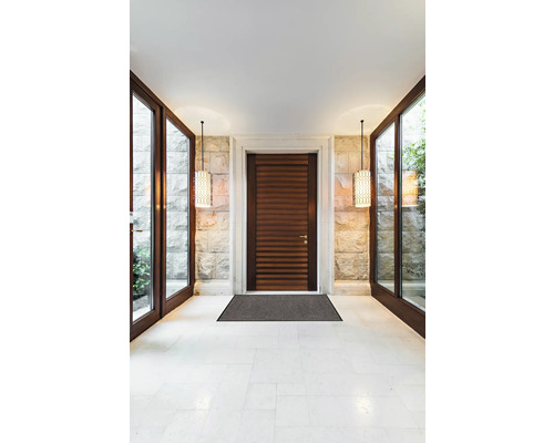 Espace d''entrée avec porte en bois, paillasson, mur en pierre et suspensions