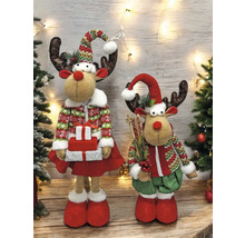 Zwei dekorative Rentierfiguren mit Weihnachtsmützen und festlicher Kleidung als saisonale Dekoration.