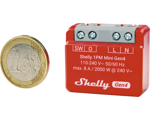 Interrupteur wifi Shelly 1PM Mini Gen4 avec pièce d''un euro pour comparaison de taille