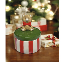 Dekorative Dose mit Bärenfigur und rot-weißem Streifenmuster für saisonale Aufbewahrung