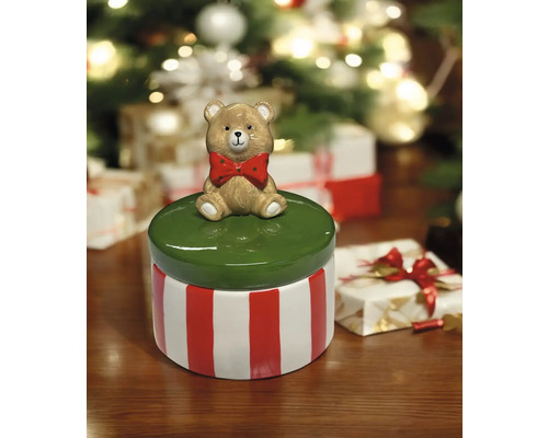 Dekorative Dose mit Bärenfigur und rot-weißem Streifenmuster für saisonale Aufbewahrung