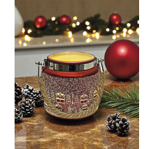 Dekorative rote Kerze mit weihnachtlichen Motiven und Seilgriffen