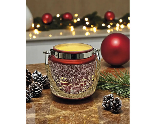 Dekorative rote Kerze mit weihnachtlichen Motiven und Seilgriffen