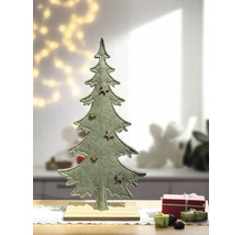 Dekorativer Tannenbaum aus Filz mit Holzfuß und Sternenverzierungen als Weihnachtsdekoration.