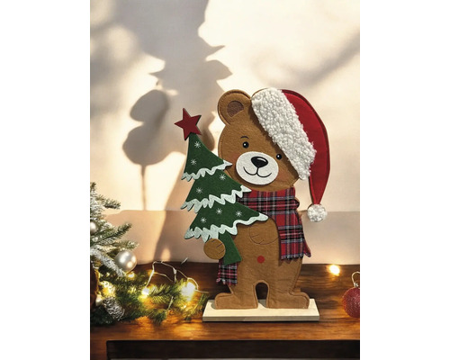 Dekofigur Bär mit Weihnachtsbaum und Weihnachtsmütze