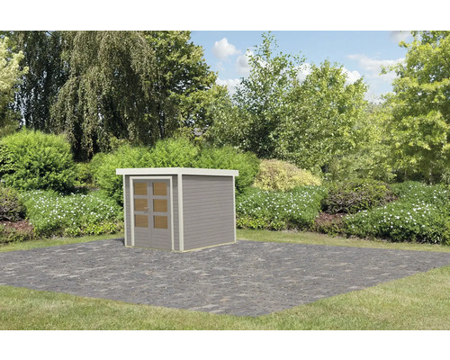 Gartenschuppen aus Holz mit Doppeltür vor Garten
