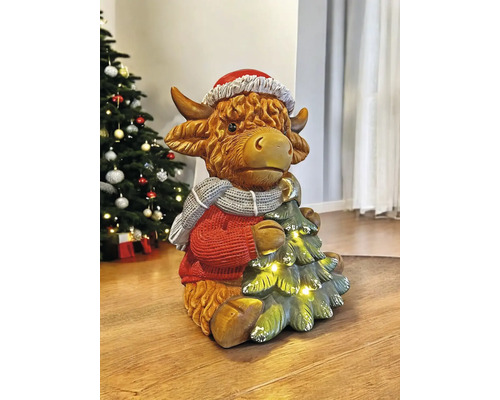 Figurine décorative de vache avec bonnet de Noël, écharpe et sapin de Noël