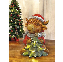 Figurine décorative de vache avec bonnet de Noël et sapin illuminé pour une décoration festive
