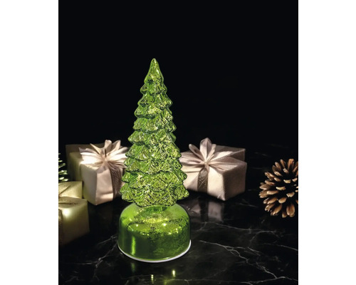 Dekorativer Weihnachtsbaum aus Glas mit Geschenken und Tannenzapfen