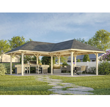 Grande pergola en bois avec barbecue et coin repas dans le jardin