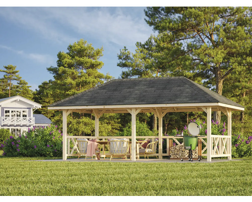 Pavillon avec meubles et barbecue dans le jardin.