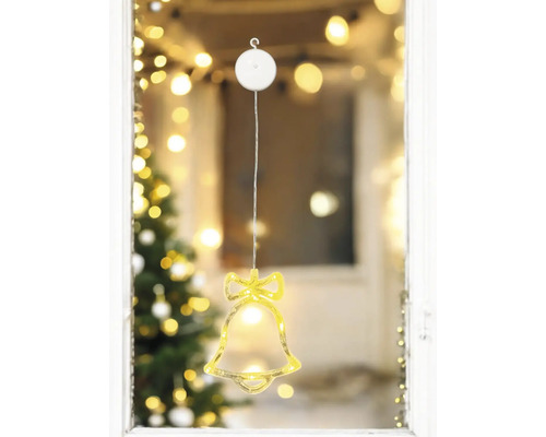 Dekorative Fensterbeleuchtung in Glockenform mit Saugnapf zur Befestigung.