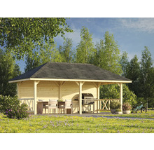 Pavillon de jardin en bois avec barbecue, table de jardin et chaises dans le jardin