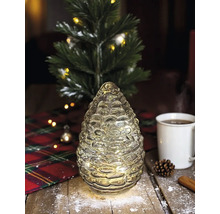 Dekorative, beleuchtete Tannenzapfenfigur auf einem Tisch mit Weihnachtsdekoration