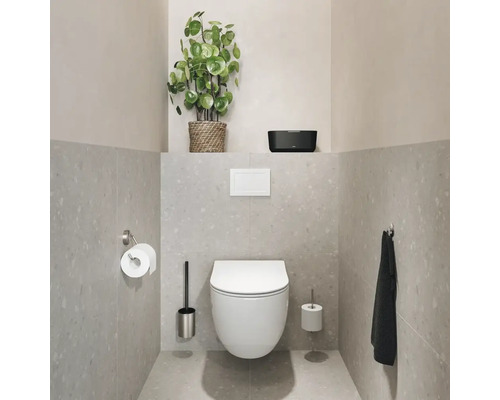 Salle de bains moderne avec WC suspendu, porte-papier toilette, brosse de toilette et plante