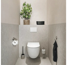 Modernes Badezimmer mit hängendem WC, WC-Bürste, Toilettenpapierhalter und Zimmerpflanze