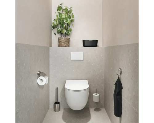 Salle de bain moderne avec WC suspendu, brosse de toilette, porte-serviettes en papier et plante