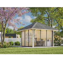 Maison de jardin en bois avec mobilier de bureau dans le jardin