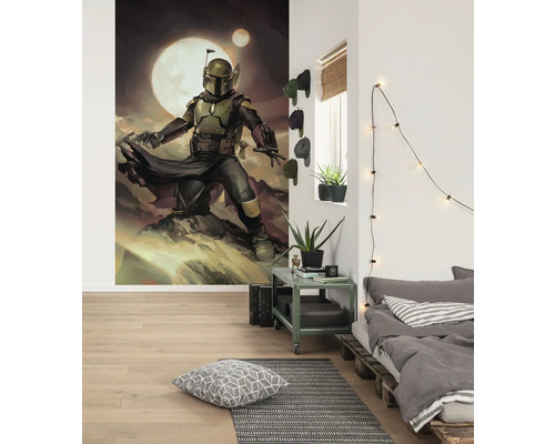 Chambre décorée avec une grande peinture murale d''un guerrier mandalorien.