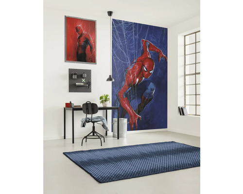 Vue d''une pièce avec bureau, chaise, fresque murale Spiderman et tapis