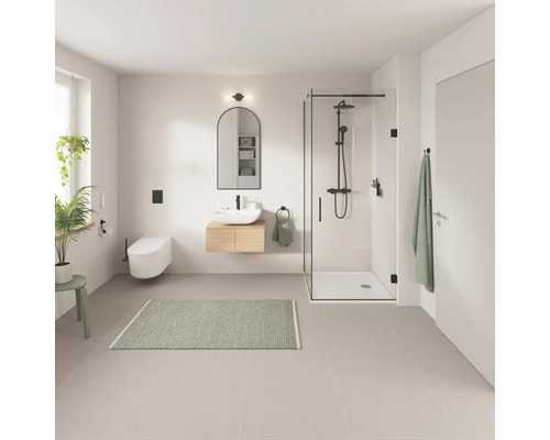 Salle de bains avec douche, lavabo, miroir et toilettes dans un design lumineux