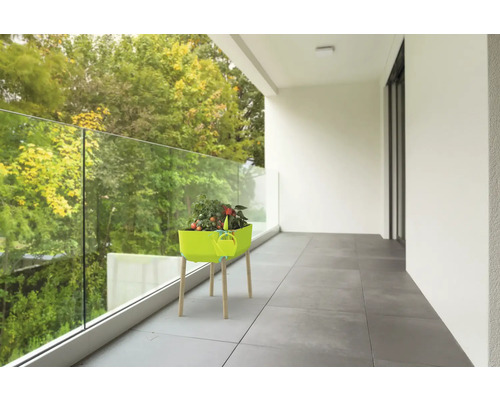 Scène de balcon avec une table de plantation avec des légumes et un arrosoir