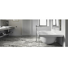 Salle de bains avec baignoire îlot, lavabo et radiateur