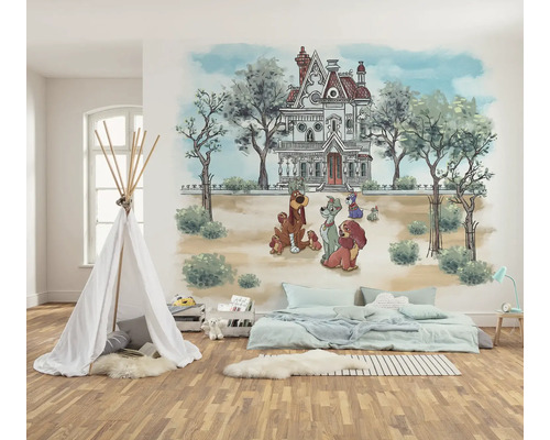 Chambre d''enfant avec tente, matelas et peinture murale avec motif de chien