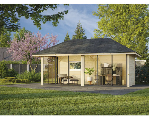 Jardin avec maison de jardin moderne en bois avec façade en verre et bureau