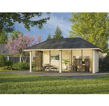 Maison de jardin moderne avec façade en verre et équipement de bureau dans un cadre verdoyant.