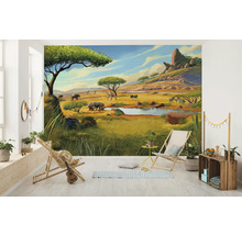 Fototapete mit afrikanischer Savannenlandschaft mit Tieren im Kinderzimmer