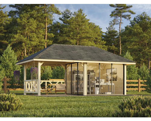 Pavillon de jardin avec façade en verre, cadre en bois et tuiles grises dans le jardin