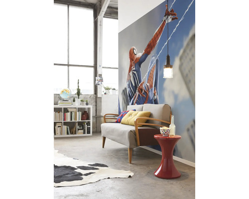 Salon avec canapé, table d''appoint, étagère et peinture murale