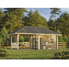 Pavillon de jardin en bois avec portes coulissantes et bureau dans le jardin
