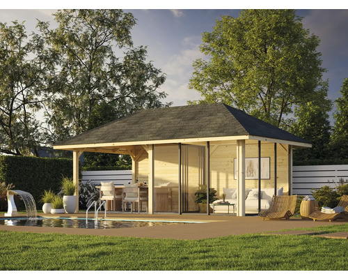 Scène de jardin avec piscine, pelouse, abri de jardin avec meubles