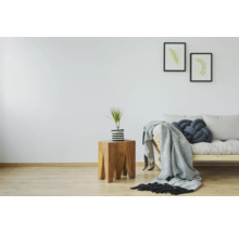 Helles Zimmer mit Holzbeistelltisch, Pflanze, Sofa, Decke und Kissen