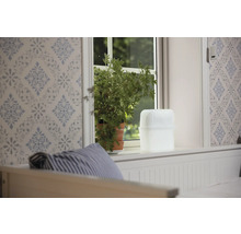 Pièce décorative avec plante d''intérieur, humidificateur et papier peint à motifs.