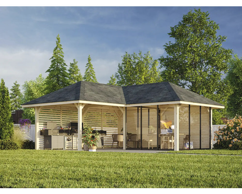 Grande tonnelle de jardin avec barbecue et coin salon sur une pelouse.