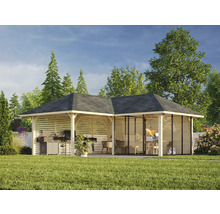 Pavillon en L avec espace barbecue et coin salon dans le jardin