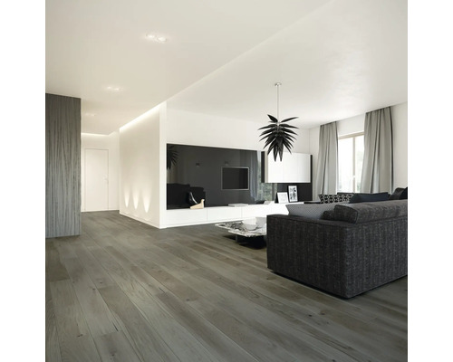 Salon lumineux avec canapé, télévision et plancher en bois.