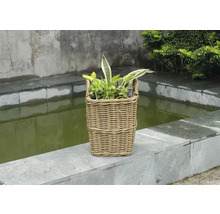 Panier à plantes tressé avec des plantes devant un bassin de jardin
