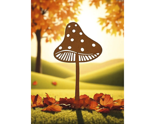 Dekorativer Metallpilz im Garten mit Herbstlaub