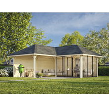 Pavillon de jardin en bois avec barbecue, bois de chauffage et mobilier de jardin sur pelouse